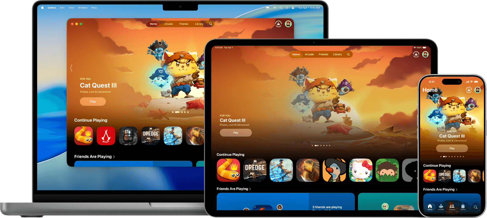 Apple Games app Home page featuring Cat Quest III on a MacBook Pro, iPad and iPhone.