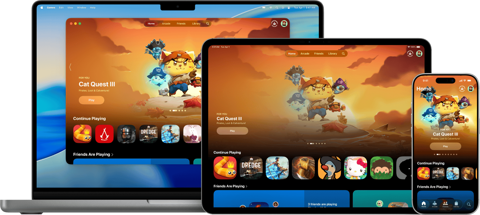 Pagina Home van de Apple Games app met Infinity Nikki op een Macbook Pro, iPad en iPhone