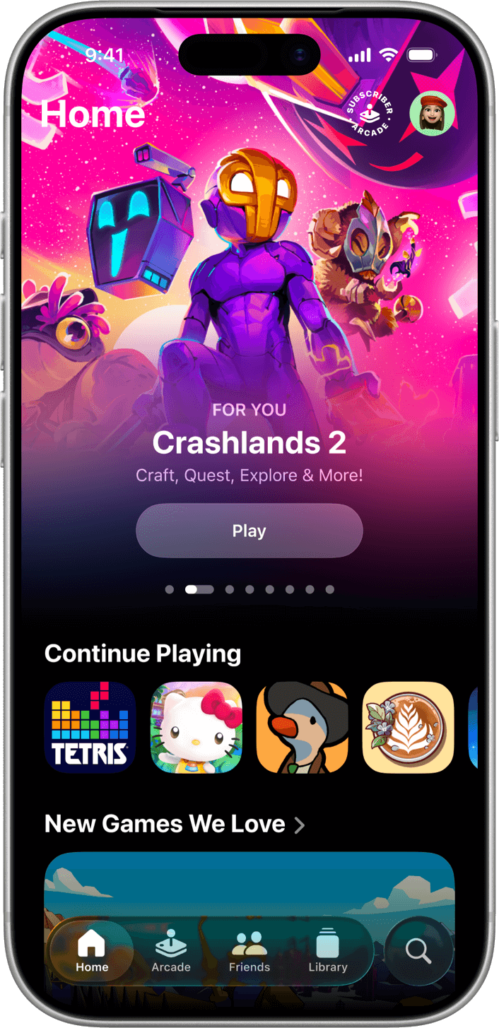 iPhone en modo vertical que muestra la pestaña Inicio de la app Apple Games. El juego destacado de la sección Para ti es Crashlands 2, con el protagonista vestido de morado y portando una máscara naranja frente a un fondo rosado y estrellado, y criaturas detrás de él. Debajo del contenido destacado está la lista de íconos de juegos de la sección Seguir jugando. Debajo de esto, la lista Nuevos juegos que nos encantan.