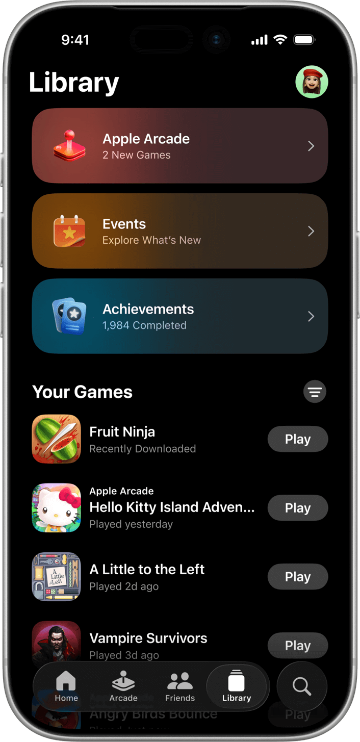 iPhone in portrait mode showing the Apple Games app Library tab. The top 3 features actions are Apple Arcade, Events and Achievements. Listed below is a section called Your Games, listing Stardew Valley, Hello Kitty Island Adventure, A Little to the Left and Vampire Survivors.