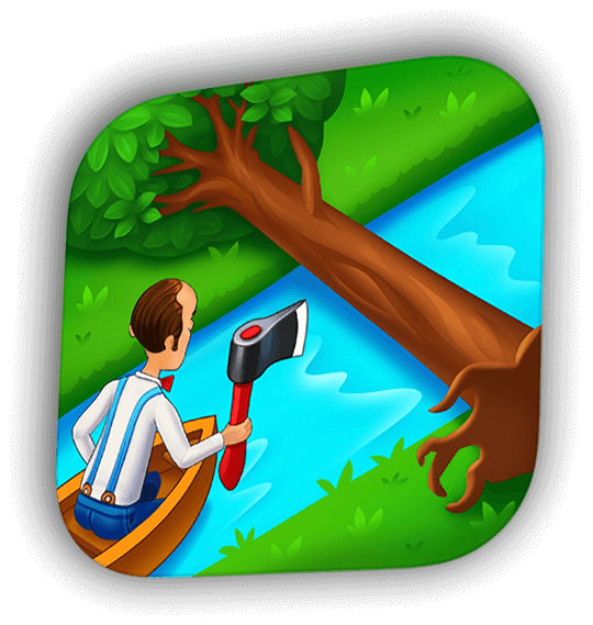 游戏《梦幻花园 - Gardenscapes》的游戏图标，展示游戏主角奥斯汀手持斧子，乘着小舟在小溪中漂流，面前的水面上横着一棵倒伏的大树。