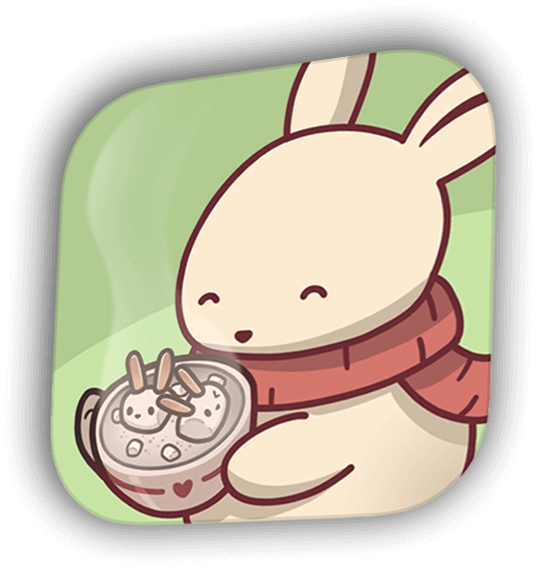 遊戲《月兔茶屋：悠閒之旅》的 App 圖示，上面是一隻戴著圍巾的米白色兔子，手上捧著一杯浮著兔兔棉花糖的熱呼呼茶飲