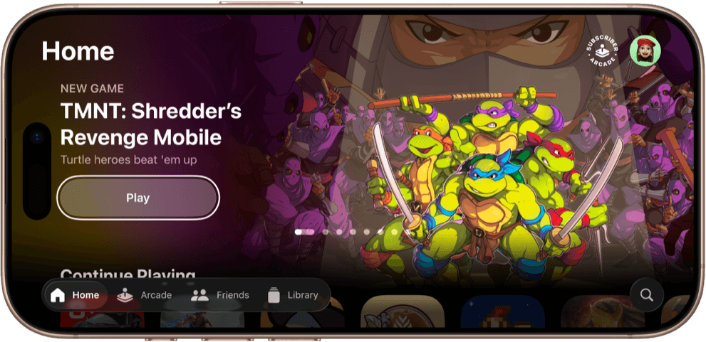 Apple Games Home Screen on an iPhone showing TMNT: Shredder's Revenge Mobile