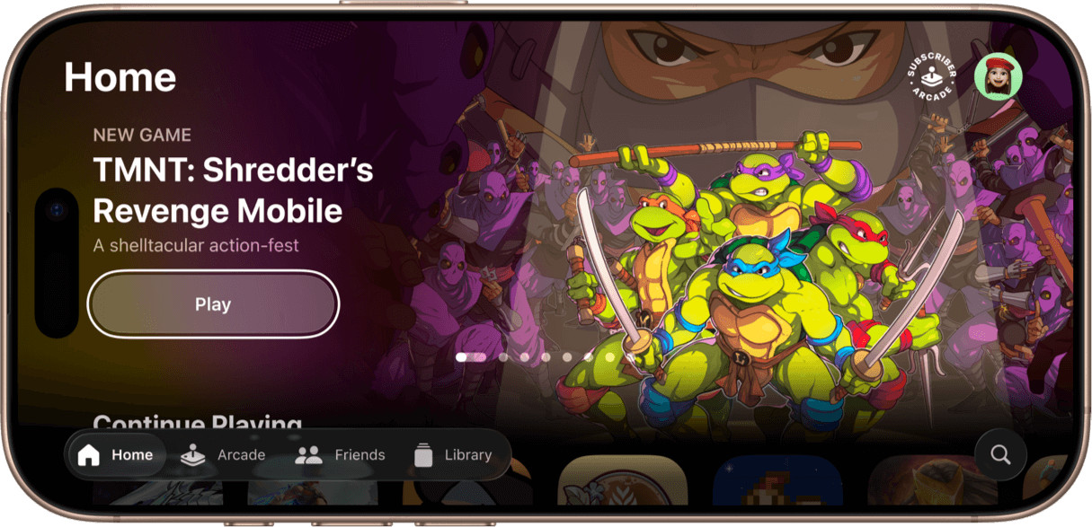 Apple Games Home Screen on an iPhone showing TMNT: Shredder's Revenge Mobile