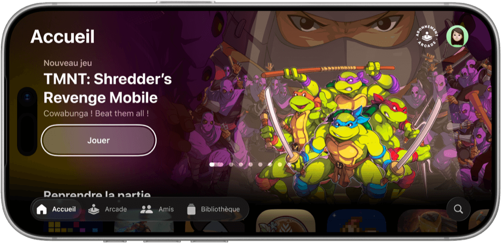 L’écran d’accueil d’Apple Games sur un iPhone affichant TMNT: Shredder’s Revenge Mobile