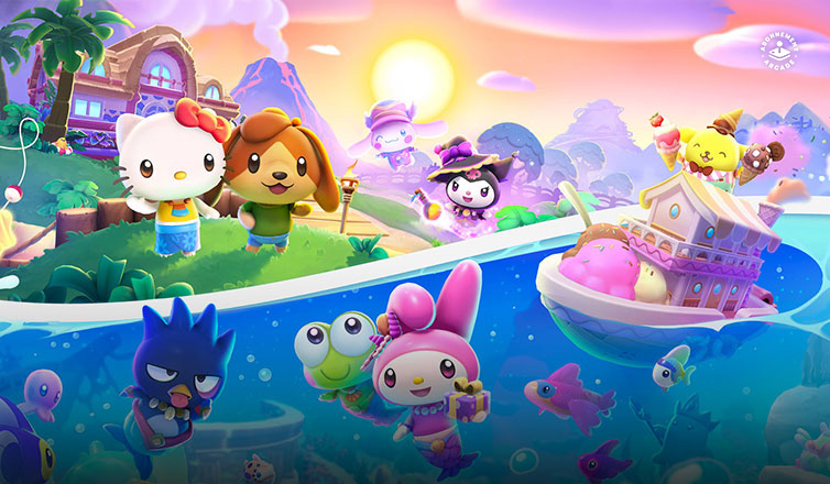 Hello Kitty und ihre Freund:innen erforschen einen Strand. Die verspielte bunte Szene macht deutlich, dass sie gemeinsam tolle Dinge entdecken und viele Abenteuer erleben.