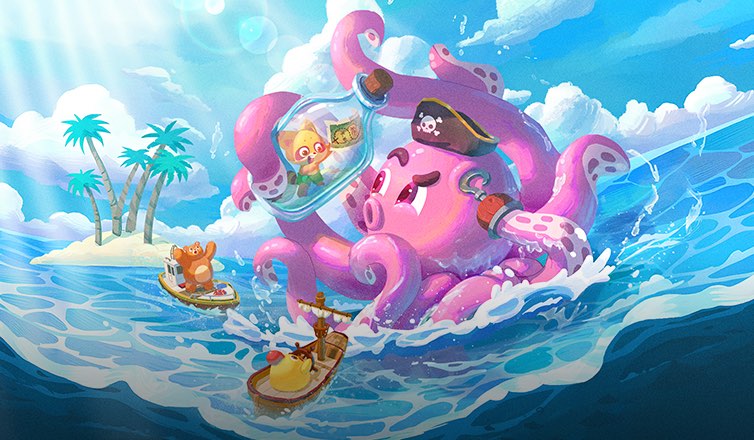 %IP-15-ALT% 游戏《海滨消消乐》图像。画面主体是波涛起伏的海水和粉红色的卡通章鱼 BOSS，头戴海盗帽，其中一条触手装饰着铁钩，另一条触手卷着一个巨大的漂流瓶，瓶中是游戏吉祥物“么么狐”。游戏吉祥物“莱萌鸡”和小熊“栗雄”分别驾驶着小船，正在向章鱼 BOSS 发动攻击。画面背景是阳光、蓝天白云和长有数棵椰子树的海岛。