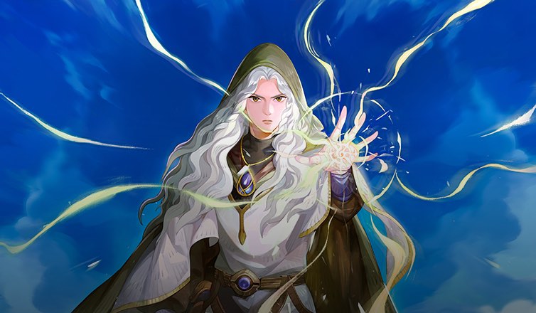 一位身穿白色長袍的角色在深藍色的背景中，目光銳利、神情專注，正舉起他的左手施放魔法，手中閃爍着金色與白色交織的能量光芒，伴隨閃電般的魔力線條。