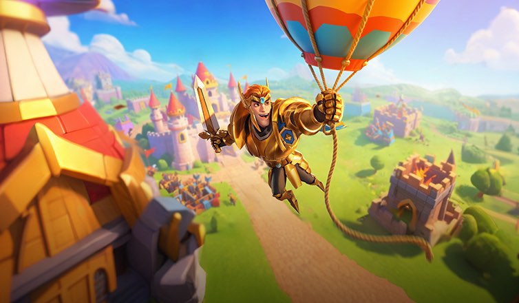 %IP-13-ALT% 游戏《王国纪元》图像。游戏英雄“誓言骑士”身披金甲，一手持剑，一手抓住腾空而起的热气球，正在飞过一座防御塔式样的建筑。背景是蓝天白云、绿草如茵的山丘和平原，以及散落其间的城堡、防御工事等建筑物和宽阔的道路。