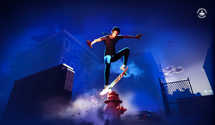 Ein Mann balanciert mit seinem Skateboard auf einem Feuerhydranten, eine Seite des Boards ragt in die Luft. Im Hintergrund sind Wolkenkratzer zu sehen, der Himmel ist dunkelblau.