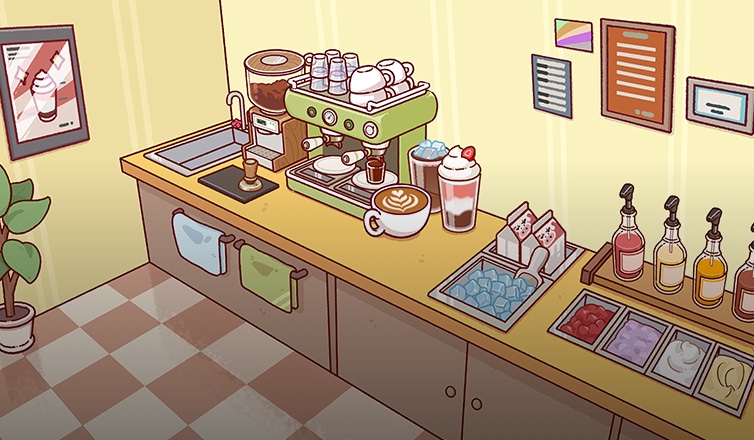 A cartoon recreation of a coffee shop work station, showing an espresso machine, syrups, cartons of milk, and ice.
