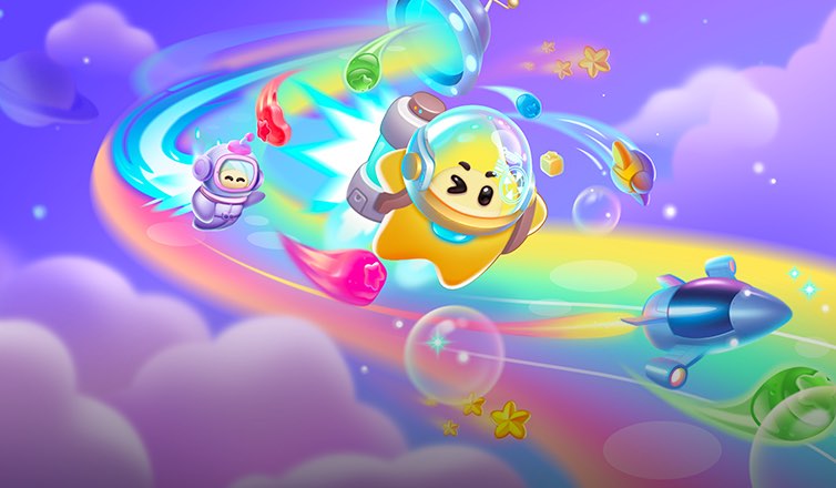 %IP-4-ALT% 游戏《消灭星星全新版》图像。画面中心是身穿宇航服的黄色星星、发射的火箭、泡泡和卡通宇航员，还有黄色五角星和不同颜色的星星糖果从身后飞碟的光芒中迸发而出。它们的飞行轨迹形成了一道彩虹。画面背景是粉紫色渐变、星球和云彩。