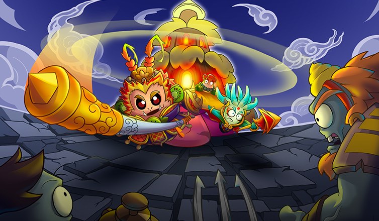 %IP-1-ALT% 游戏《植物大战僵尸2》西游主题活动图像。背景是深蓝色的夜空和砖块凹凸不平的地面，画面中心矗立着活动限定植物“伏僵塔黄”，装扮成《西游记》人物的“猕猴桃”等植物正从中冲出，攻击前景中的“黄眉大王”“红孩儿”等活动限定僵尸。