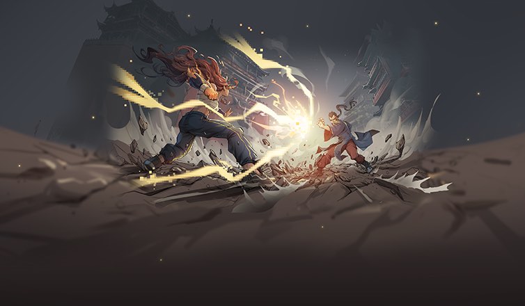 %IP-12-ALT% 游戏《战魂铭人》图像。画面中心，游戏英雄权虎鹰背对屏幕，正在与 BOSS 龙与虎进行对战，两名角色中间有电光火石的战斗特效和被冲击波破坏的地面。画面背景是灰暗的天空和古代城楼建筑的剪影。