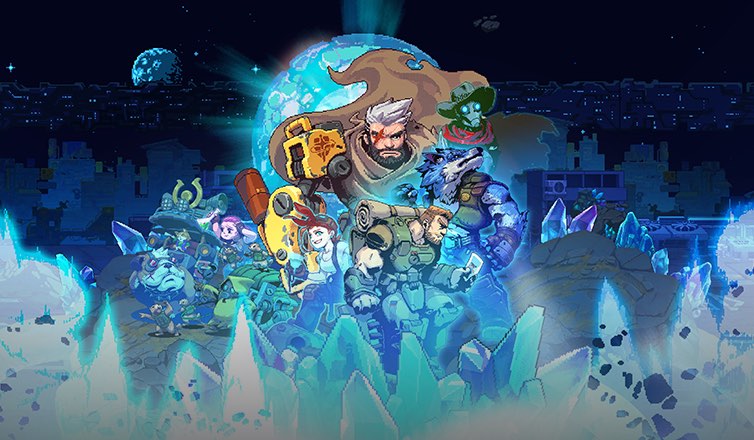 %IP-3-ALT% 游戏《家园、异星与猎人》图像。画面以精细的像素风格呈现，中心是一群全副武装的游戏人物，有着明显的机械风格。他们的背后有一个发出蓝光的巨大星球，前方则是几丛发光的淡蓝色宝石晶簇。画面背景是灯光黯淡的城市、蓝黑色的星空和空中的星球。