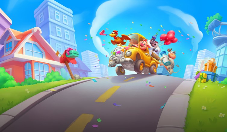 %IP-19-ALT% 游戏《梦想城镇 - Township》图像。一辆黄色老爷车行驶在城市大道上，大道两侧是色彩丰富的卡通建筑。老爷车上载着卡通鸡、猪、绵羊和奶牛，几只农场动物周围环绕着象征庆祝的五彩纸屑和气球。