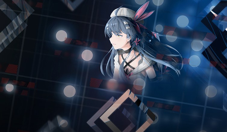 %IP-14-ALT% 游戏《Phigros》图像。黑蓝色渐变背景上有许多纵横交错的直线、方框和圆点，画面中心是面向左侧的游戏角色“鸠”。