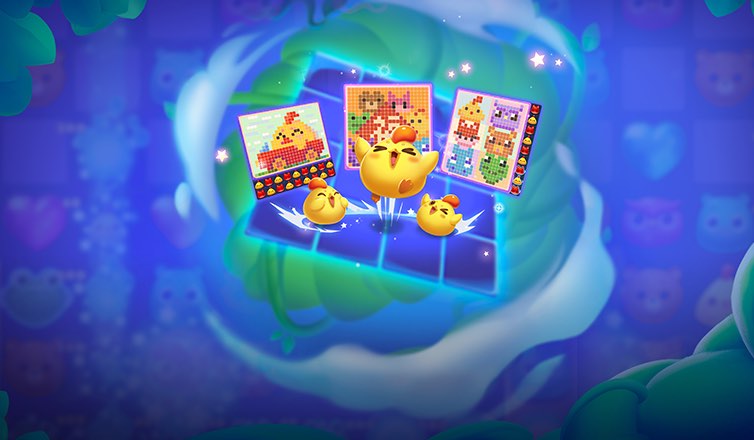 %IP-6-ALT% 游戏《开心消消乐》图像。蓝紫色的背景上有半透明的三消游戏主界面，画面中心是蓝色的 4×4 棋盘格和三幅吉祥物拼图，上面有三只莱萌鸡在快乐地蹦跳。