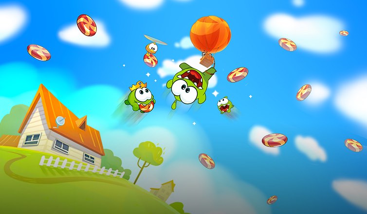 %IP-2-ALT% 游戏《割绳子2》图像。蓝天白云背景之上，三个小吃货“奥姆”和许多糖果一起蹦跳飞舞，画面左下角是一片草坪，草坪上有一栋小木屋。