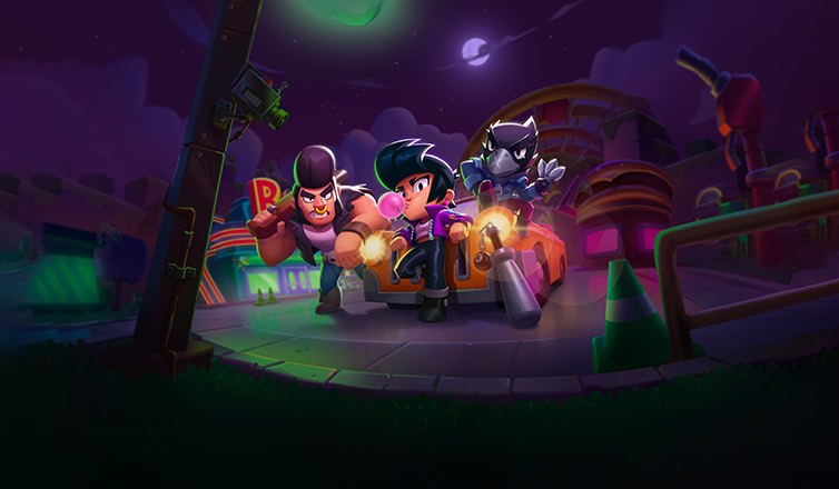 在霓虹燈閃爍的建築與紫色夜空的背景中，三位亂鬥英雄站在夜色籠罩的城市街頭，隨時準備出擊。