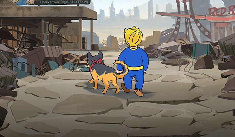 %IP-17-ALT% 游戏《辐射：避难所》图像。城市废土背景之上，经典形象“避难所小子”和一条系着红色领巾的德国牧羊犬背向画面，似乎正在向远方漫步。