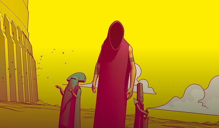 Una figura vestida con una capucha que cubre su rostro alza las manos con las palmas hacia arriba. Al fondo, un cielo amarillo y nubes.