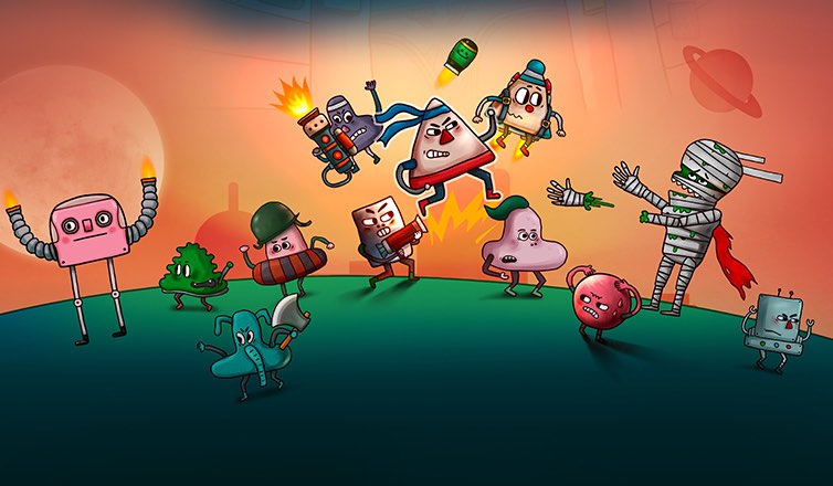 %IP-20-ALT% 游戏《小三角大英雄》图像。背景是绿色的地面和红色的天空，主角“小三角英雄”正在和同伴们对抗机器人、僵尸等强大敌人。