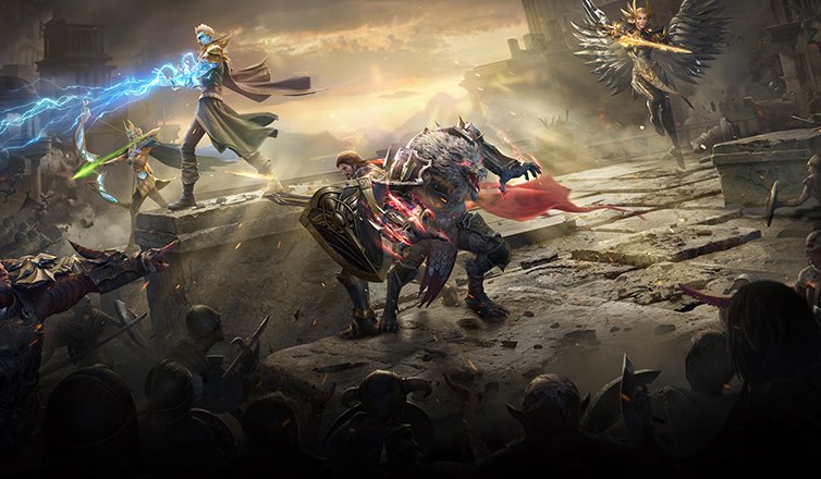 %IP-18-ALT% 游戏《潮汐守望者》图像。数名英雄以各自的不同战斗姿势分布在荒芜的废土战场背景上，前景的黑暗中隐约有众多怪物伺机而动。