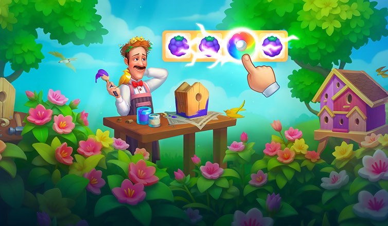 %IP-22-ALT% 游戏《梦幻花园 - Gardenscapes》图像。管家奥斯汀站在鲜花盛放、绿树繁茂的花园中，正在工作台旁为小木屋鸟窝涂上紫色油漆。角色右上方是三消游戏的局部画面，三颗紫色树莓和一个彩虹道具连成一线。