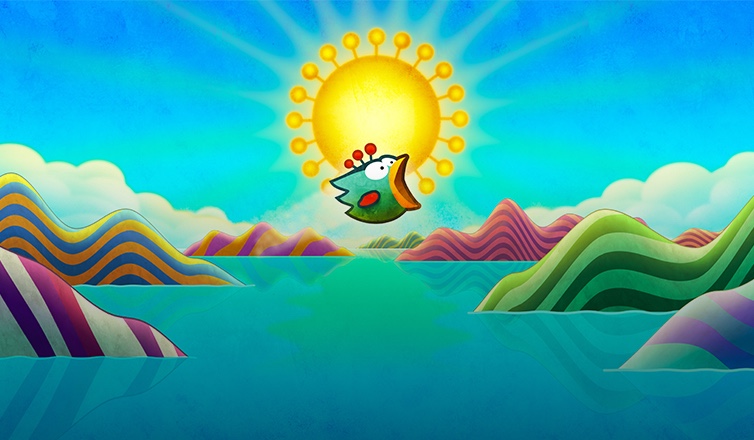 Ein rundlicher grüner Vogel fliegt vor einer gelben Sonne und einem farbenfrohen, cartoon-artigen Hintergrund mit gestreiften Bergen und einem blauen See.