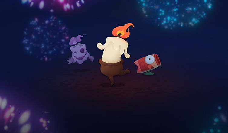 %IP-8-ALT% 游戏《蜡烛人》图像。深色夜空背景上隐约有几朵烟花正在绽放，画面中心是长着腿的白色蜡烛人，它的左侧是紫色的幽灵蜡烛，右侧是红色的卡通鲤鱼旗。