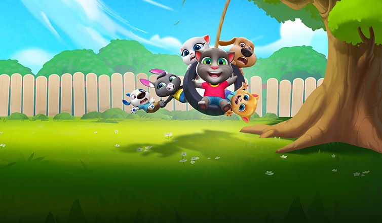 %IP-5-ALT% 游戏《汤姆猫总动员－你的朋友们都在这！》图像。翠绿的草坪右侧有一颗粗壮的大树，树上垂下用绳子和轮胎制作的简易秋千，汤姆猫和卡通动物朋友们正在秋千上快乐地玩耍。