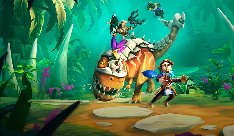 %IP-7-ALT% 游戏《传奇商店：经营与打造》活动图像。热带雨林中，画面主体是一头身披装甲的橙色霸王龙，正在追逐一名游戏角色，霸王龙身后则是几名其他游戏角色，正从上方向它发动攻击。