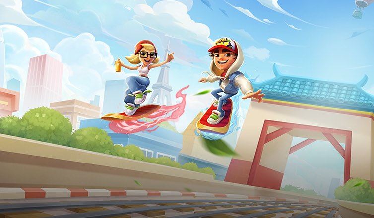 %IP-9-ALT% 游戏《地铁跑酷 -梦回烟雨江南》图像。“杰克”和“琪琪”两名游戏角色脚踩滑板在铁轨上腾空飞驰，身后是一座中国古代建筑风格的城门。背景的蓝天白云之下，有埃菲尔铁塔等世界名胜。