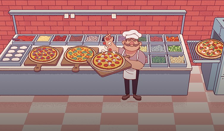 可愛卡通風格紅磚牆與方格地板背景，桌子上整齊排列各式各樣的 Pizza 配料盒。一位帶着自信、親切微笑的 Pizza 師傅站在廚房中，手舉着一個滿載配料的 Pizza。