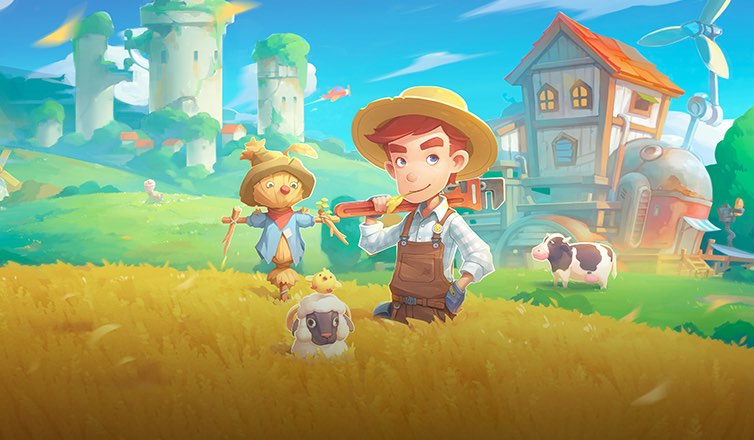 %IP-11-ALT% 游戏《波西亚时光》图像。游戏主角身穿工装、戴着草帽，扛着扳手站在金色的麦田中，身旁有一个稻草人、一只小鸡和一只绵羊。背景中是绿色的山丘、一些房屋和一头奶牛。