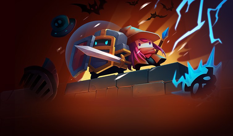 %IP-10-ALT% 游戏《元气骑士》图像。游戏中的“骑士”与“法师”两名角色背靠背站在前方，身后是闪电与蝙蝠纷飞的背景，右下角的前景中，一只黑色的骷髅怪物被闪电击中。