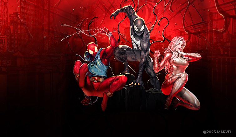 %IP-16-ALT% 游戏《漫威终极逆转》图像。画面中心是身穿黑色战衣的“共生体蜘蛛侠”，周身萦绕着黑色毒液，他的左侧是身穿蓝色无袖卫衣的“猩红蜘蛛”，右侧是女性角色“银貂”。背景是深红色的城市摩天大楼。