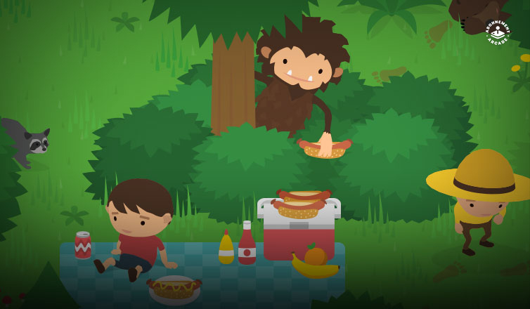 Ein verspielter Bigfoot versteckt sich hinter einem Baum, während er Essen von einem Jungen stiehlt, das dieser auf einer Picknickdecke ausgebreitet hat. Weder der Junge noch der Förster merken ihn dabei. Der Wald um sie herum wimmelt nur so vor Abenteuern.