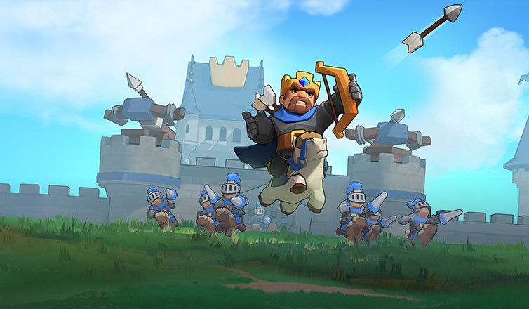 %IP-21-ALT% 游戏《奔奔王国》图像。头戴王冠的领主骑着白色小马，手持弓箭，正在向前奔跑，身后有许多手持长枪的卡通骑兵和宏伟的城墙和防御塔背景。