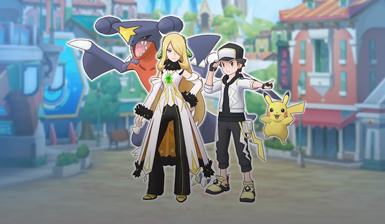 畫面中央是一位身穿白色與金色長袍的女性訓練家「竹蘭」，她身旁站着她的 Pokémon「烈咬陸鯊」。在她右側是一名戴着帽子的年輕男性訓練家，肩上還有一隻「皮卡丘」。背景為色調明亮、建築色彩鮮豔、充滿活力的小鎮街景。